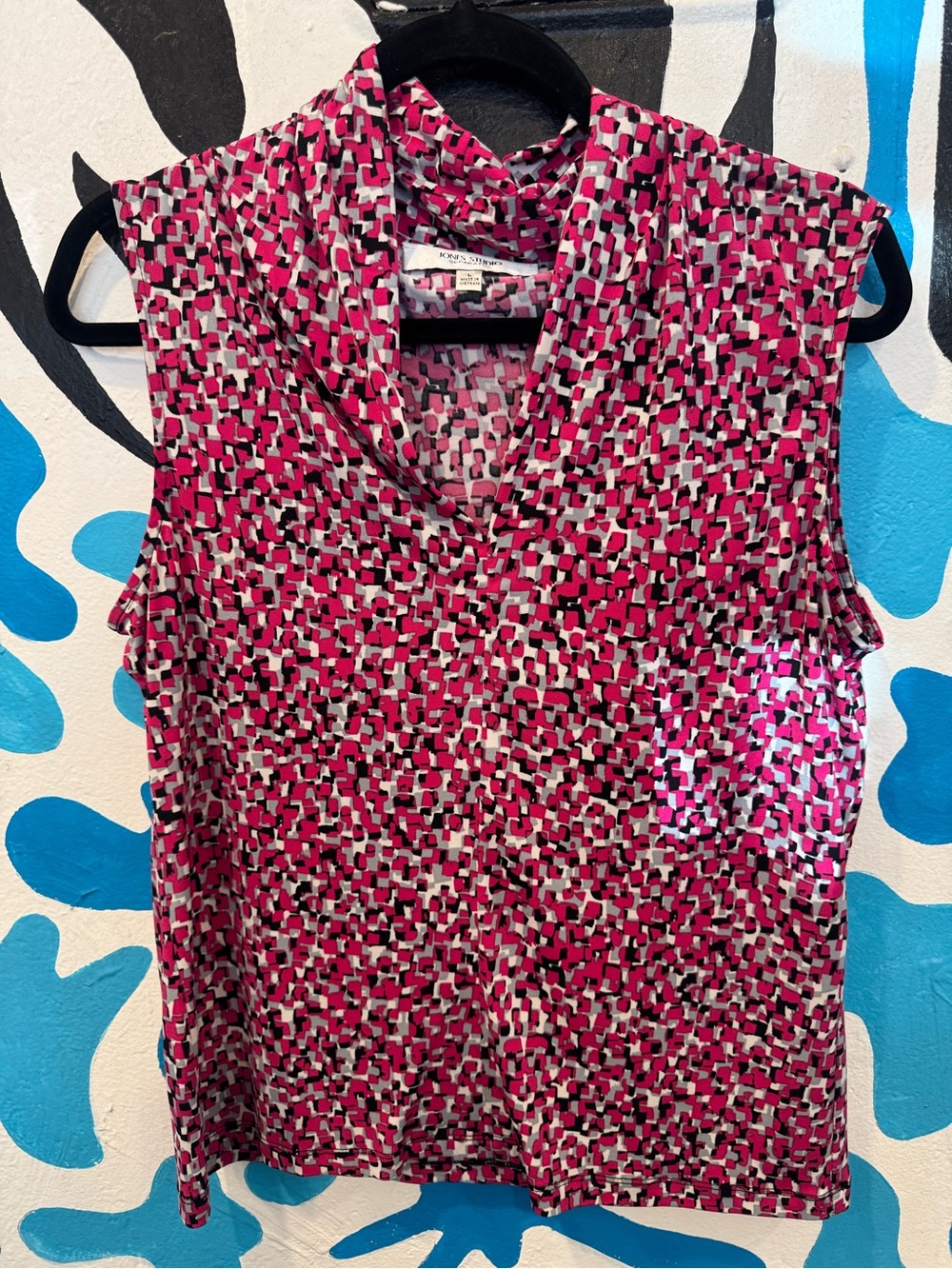 Jones Studio Pink Black White Abstract Print Sleeveless Cowl Neck Top